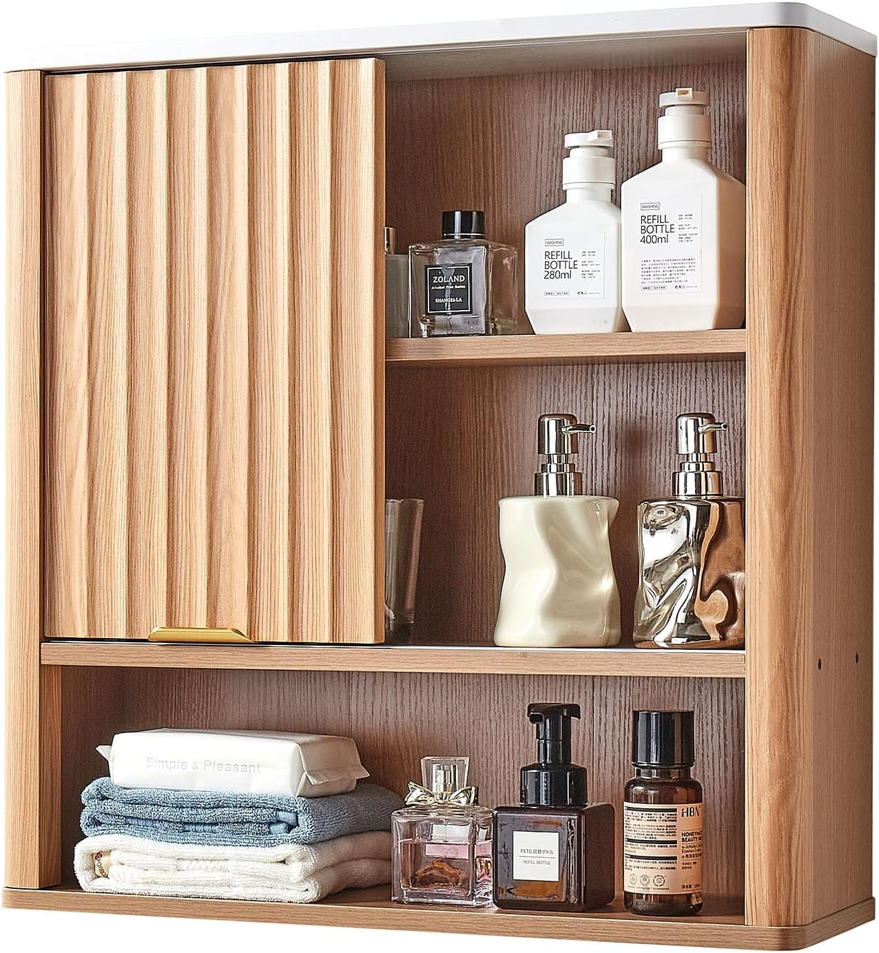 Bathroom Wall Cabinet, with Door and Adjustable Shelf, over the Toilet Storage Medicine Cabinet Wall Mounted, Hanging Organizer with Shelves and Open Partition for Laundry Room Kitchen Restroom