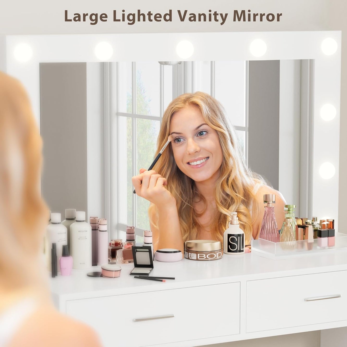 Vanity Desk Set with Large Lighted Mirror, 35.4 Inch Makeup Vanity Table with 2 Drawers, Cushioned Storage Stool, 3 Lighting Modes Brightness Adjustable, Dressing Table for Bedroom (White)