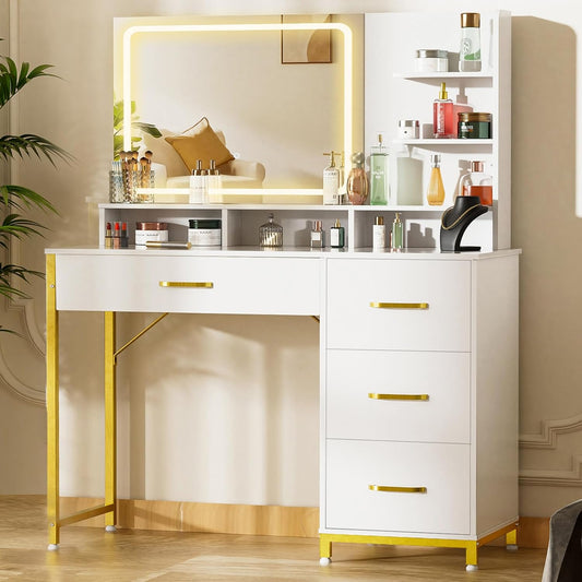 Vanity Desk with Mirror and Lights, Makeup Vanity Table with 4 Drawers & Storage Shelves, Large HD Mirror, 3 Color Modes & Adjustable Brightness, Modern Dressing Table for Bedroom, White
