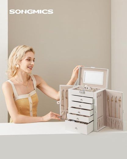 6 Tier Jewelry Box, Jewelry Storage Organizer with 5 Drawers, Large Storage Capacity, with Mirror, Lockable, Jewelry Case, Gift for Loved Ones, for Watches, White UJBC152W01