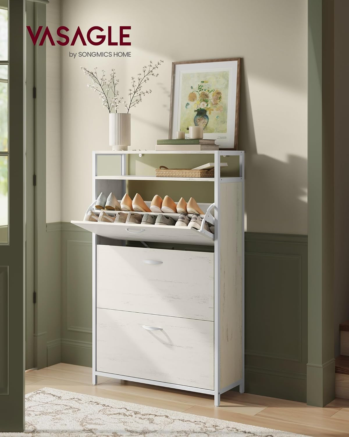 Shoe Cabinet with 3 Flip Drawers, Shoe Storage Cabinet, Asjustable and Removable Dividers, Holds 15-24 Pairs of Shoes, 11.8 X 31.5 X 51.2 Inches, Rustic White and Matte White ULBS802W01