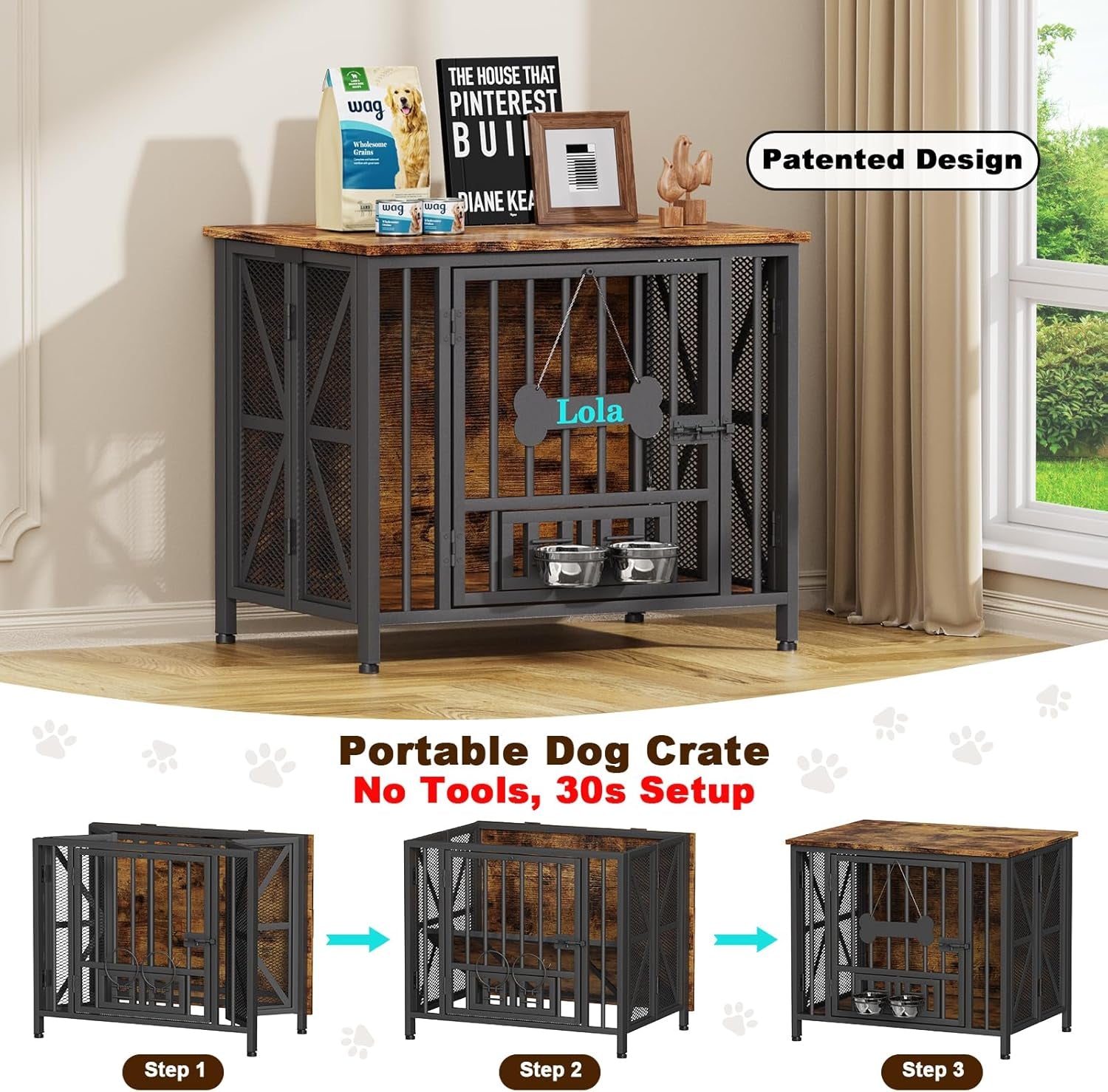 Dog Crate Furniture, 31.5" Assembly-Free Dog Crates for Small & Medium Dogs, Foldable Dog Kennel Indoor with Tag & Adjustable Dog Bowls, Wooden Dog Cage Use as End Table, Rustic Brown