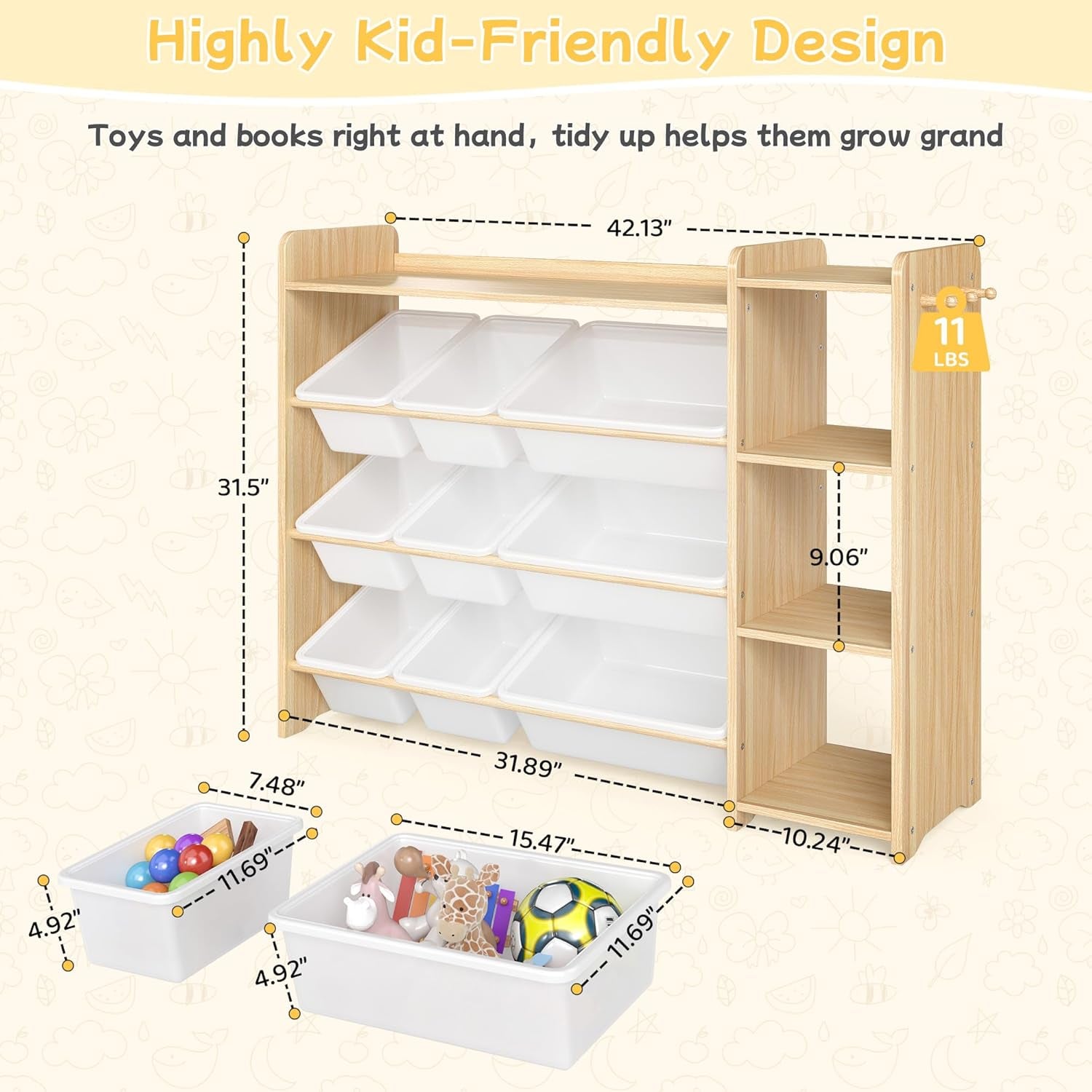 Kids Toy Storage Organizer, Wooden Shelf with 3 Tiers and 9 Storage Bins, Nursery Room Organizer for Books and Toys, White and Natural Wood
