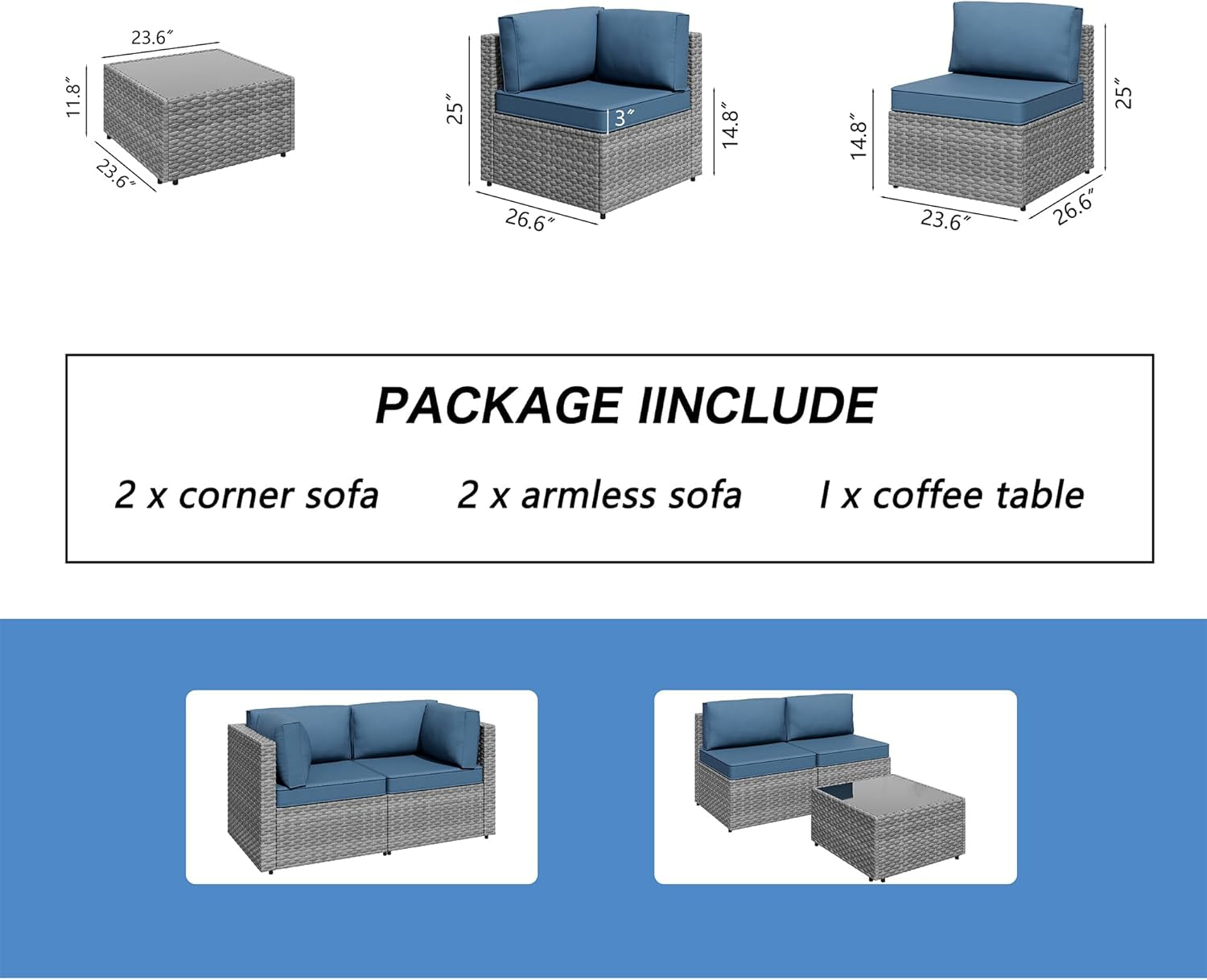 5 Pieces Outdoor Patio Furniture Sets, Patio Sectional Sofa Couch, Gray PE Wicker Furniture Modular Patio Conversation Sets Patio Sofa with Washable Cushions & Table（Aegean Blue）