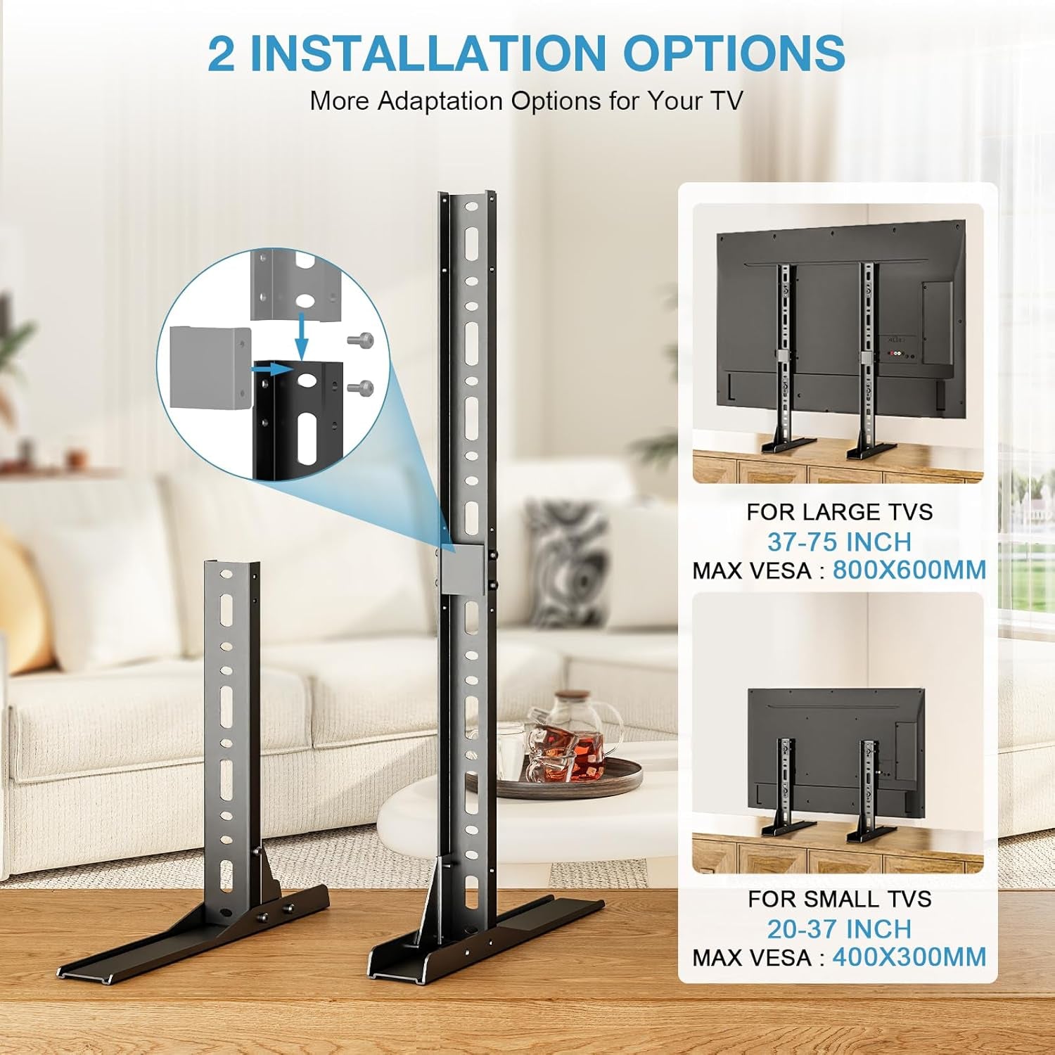 Universal Table Top TV Stand for 20-75 Inch Flat Curved Tvs, Height Adjustable TV Legs with Cable Management, Great Load-Bearing Replacement TV Base Holds up to 110Lbs, Max VESA 800X600Mm, Black