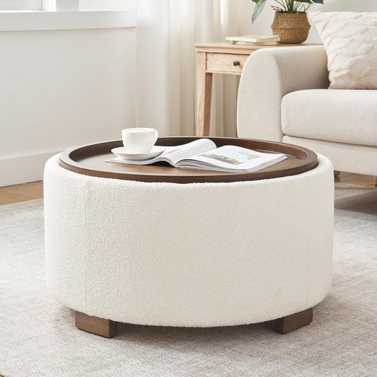 30 Inch round Storage Ottoman Coffee Table, Modern Boucle Ottoman with Lift-Off Lid and Solid Wood Legs for Living Room, Bedroom, Corners, Apartments (Beige)