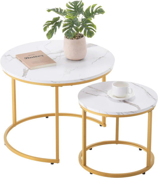 Nesting Coffee Table Set of 2, 23.6 in round Coffee Table, Nesting Tables for Small Place, Vintage End Side Tables Night Stand with Metal Frame, for Living Room, Bedroom, Office (White & Gold)