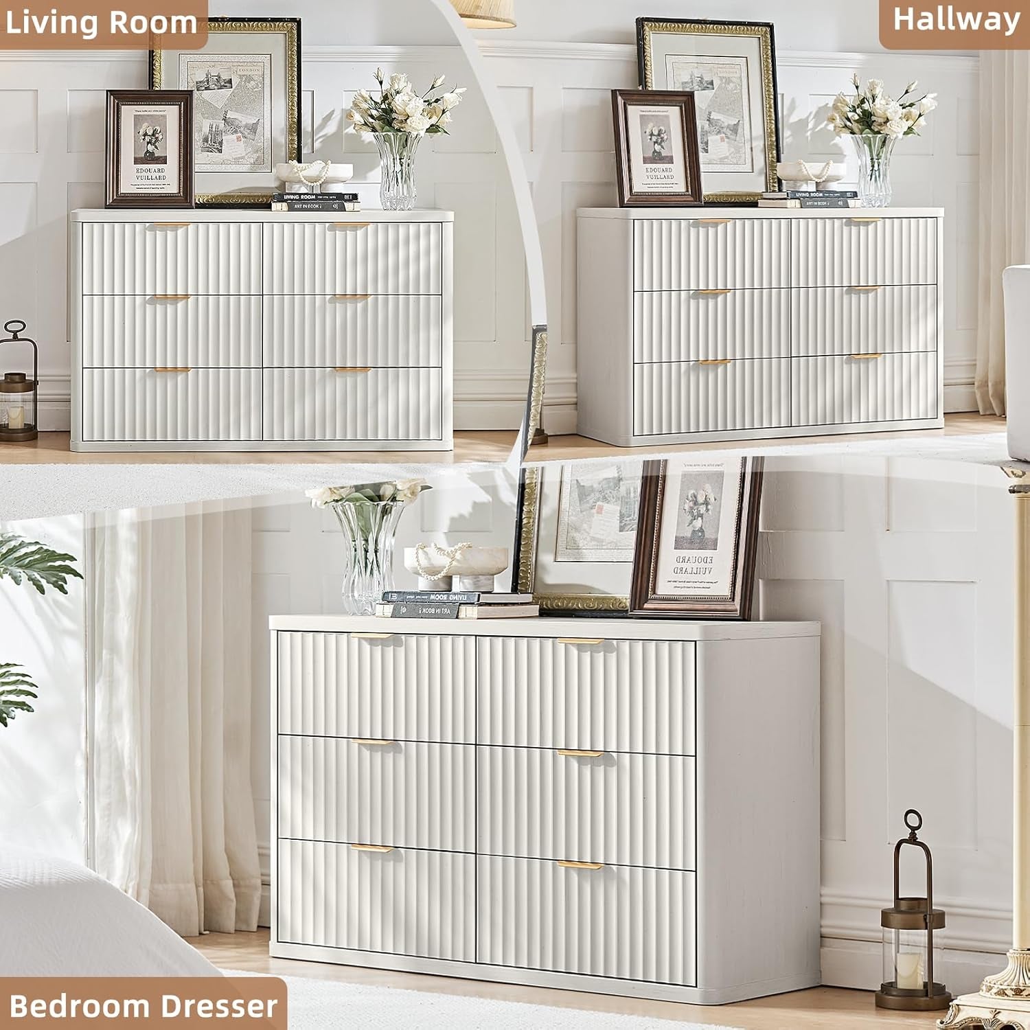 Fluted 6 Drawers Dresser, 48" Wide Modern Chest of Drawers with Wood Grain Top, Curved Profile Design, Dresser TV Stand, Wood Drawer Organizer for Bedroom, Living Room, Antique White