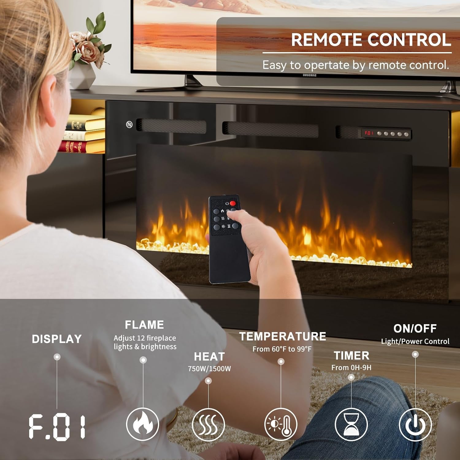 70” TV Stand with 36” Electric Fireplace, Large Modern Media Entertainment Center with Storage Cabinet and 12 Colors LED Lights for Tvs up to 80", Black TV Stand and Black Fireplace