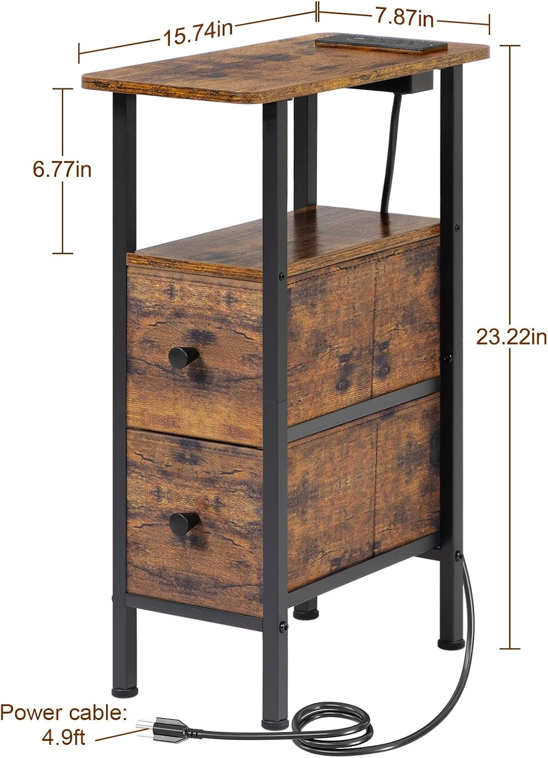 Narrow Nightstand with Charging Station, End Tables Living Room Set of 2, Skinny Side Table with Fabric Drawers, Slim Sofa Table for Bedroom, Small Spaces, Couch, Rustic Brown, HETNDP02PBR