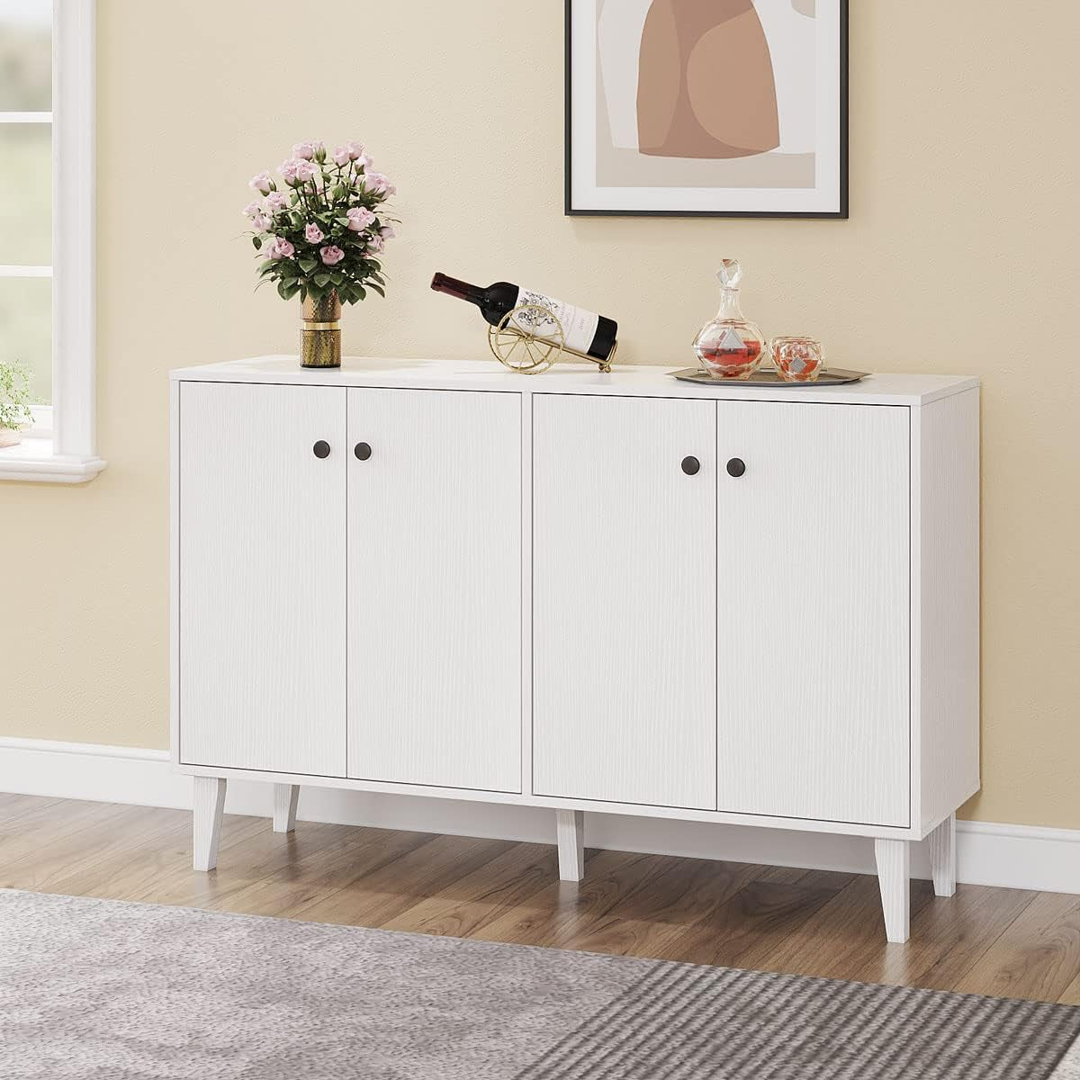 Sideboard Buffet Cabinet Kitchen Storage Cabinet Living Room 4 Doors Console Table (White)
