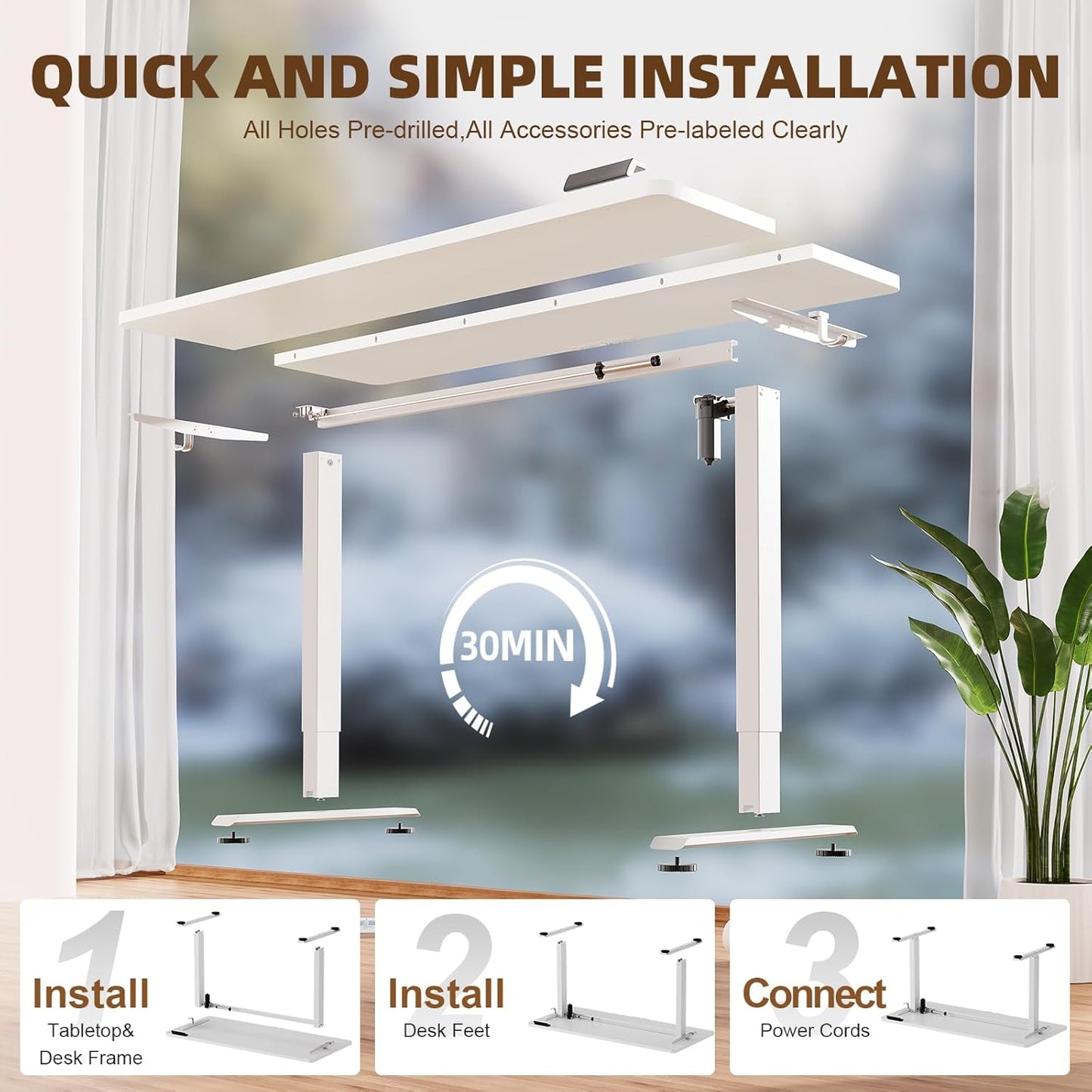 55 Inch Large Electric Standing Desk,Sit to Stand Up, Heights Adjustable, Work Home Office Computer Table for Study, Walking Pad, Writing, and Games, Wooden Desktop Desks, White