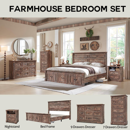 26" Tall Nightstand with Charging Station, Farmhouse 23.6" Wide Large End Table W/Roman Column, Wood Rustic Side Table W/Open Shelf, 2 Drawers Dresser for Bedroom, Living Room, Light Brown