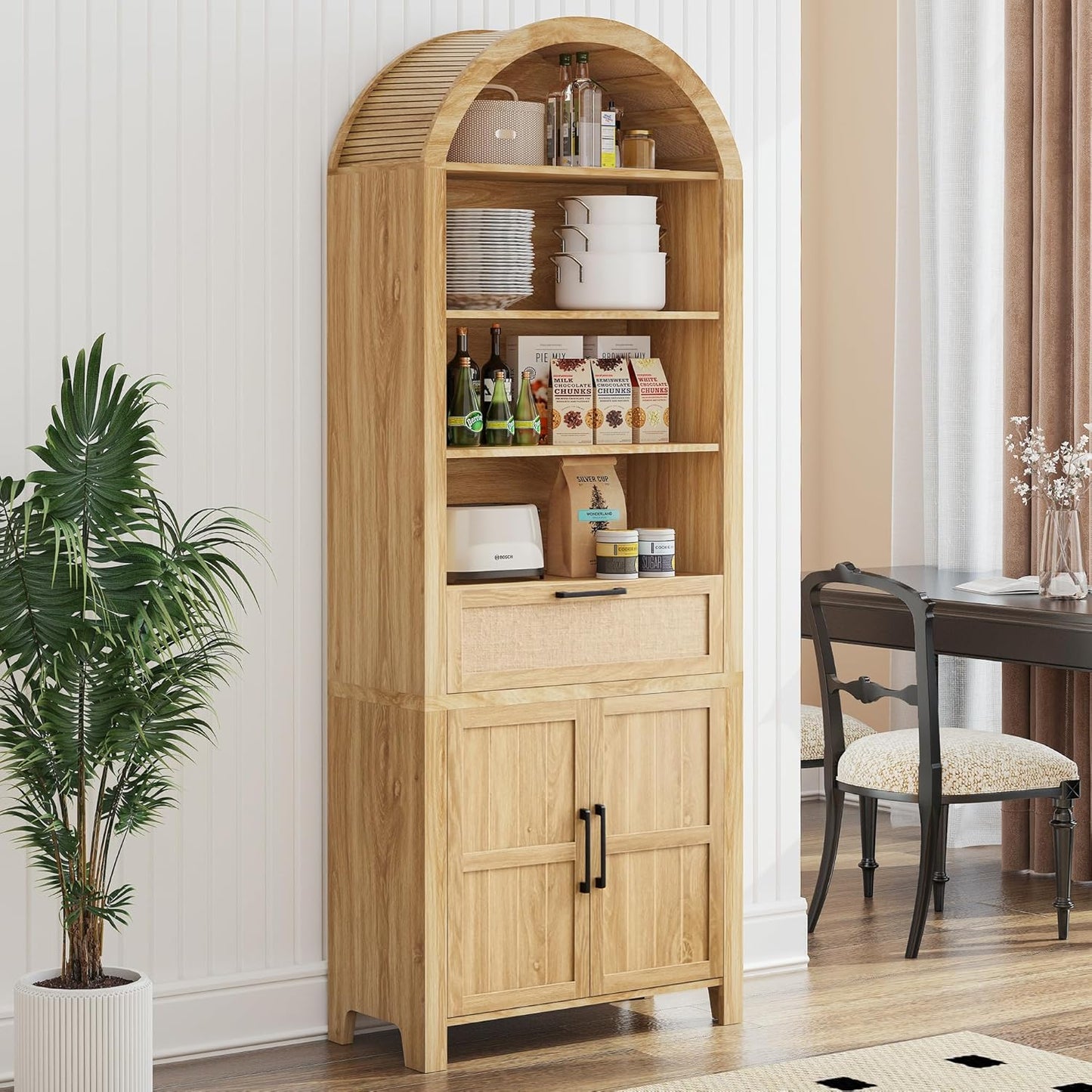 81" Tall Arched Bookcase, Arch Bookshelf with Doors Storage and Drawer, Modern Farmhouse Book Shelf with Adjustable Shelves, Wood Bookshelf W/Open Display for Living Room, Office Decor (Natural)