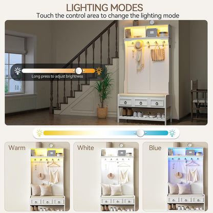 67” Farmhouse Hall Tree with Shoe Storage, Auto Sensor Wood Coat Tree with LED Lights, 3-In-1 Entryway Bench with Coat Rack, Hooks and Drawers for Hallway, Living Room, Bedroom (White)