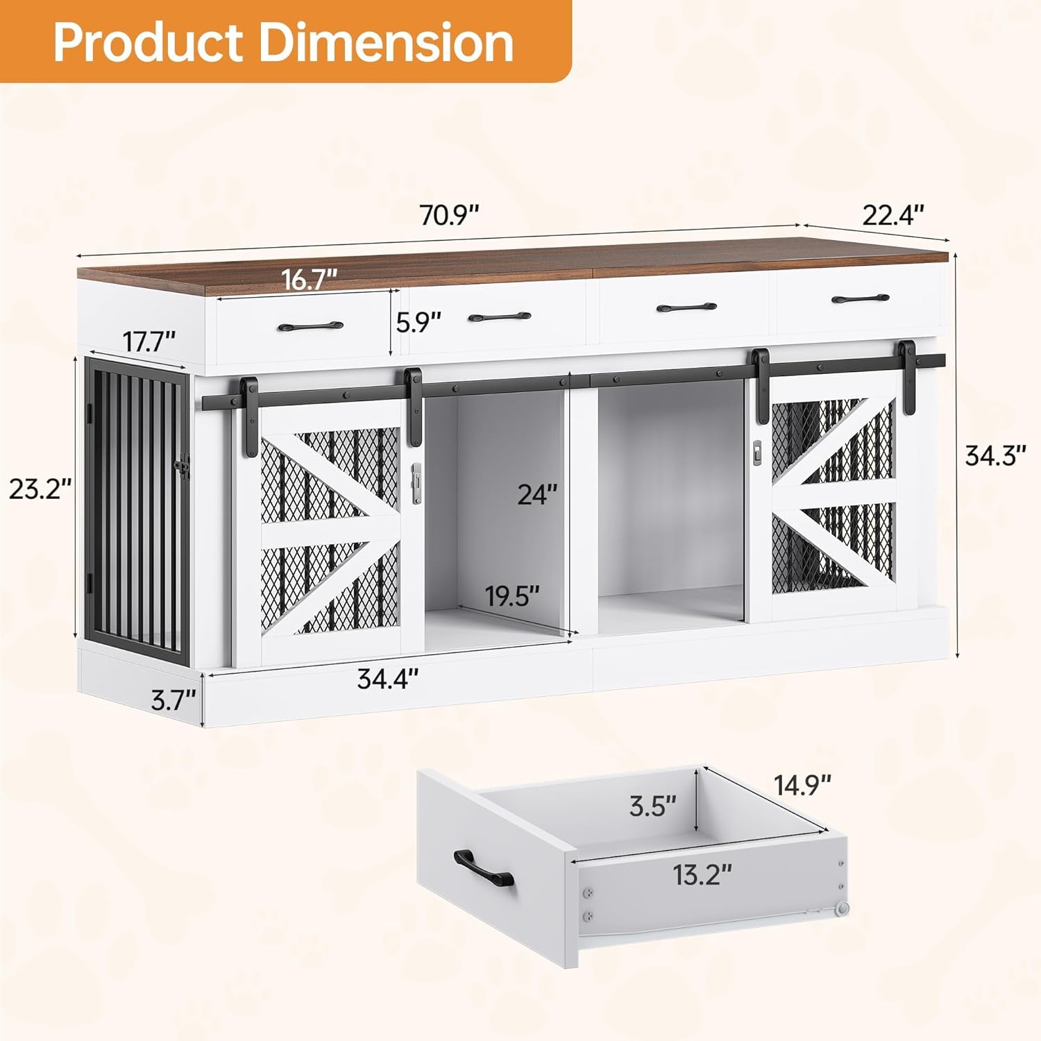 Large Dog Crate Furniture, 47.2'' Dog Kennel Indoor with 3 Storage Drawers and Hidden Feeding Bowl, Sturdy Wooden Dog Crate with 2 Doors and Adjustable Shelf for Small, Medium Dogs