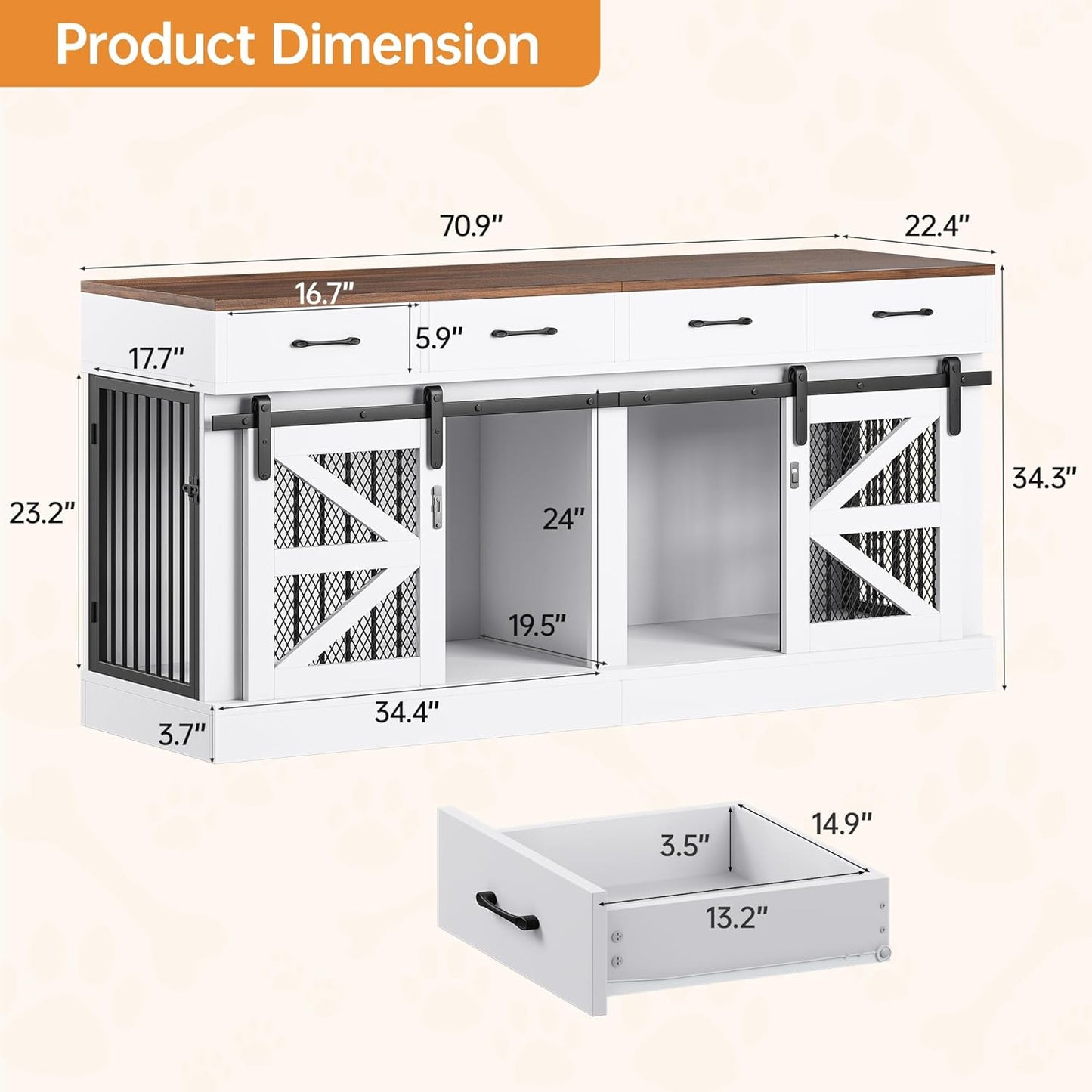 Dog Crate Furniture with Removable Divider & 4 Storage Drawers - 71" Large Wooden Dog Kennel Indoor End Table for 2 Dogs, Multi-Functional Dog Cage Furniture for Medium & Large Dogs