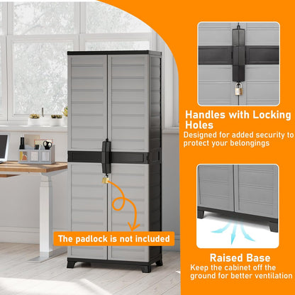 68" Lockable Storage Cabinet, PP Garage Storage Shed with Doors, 3 Adjustable Shelves, Freestanding Tool Locker, Shelving Unit for Pantry, Basement, Laundry Room or Mudroom