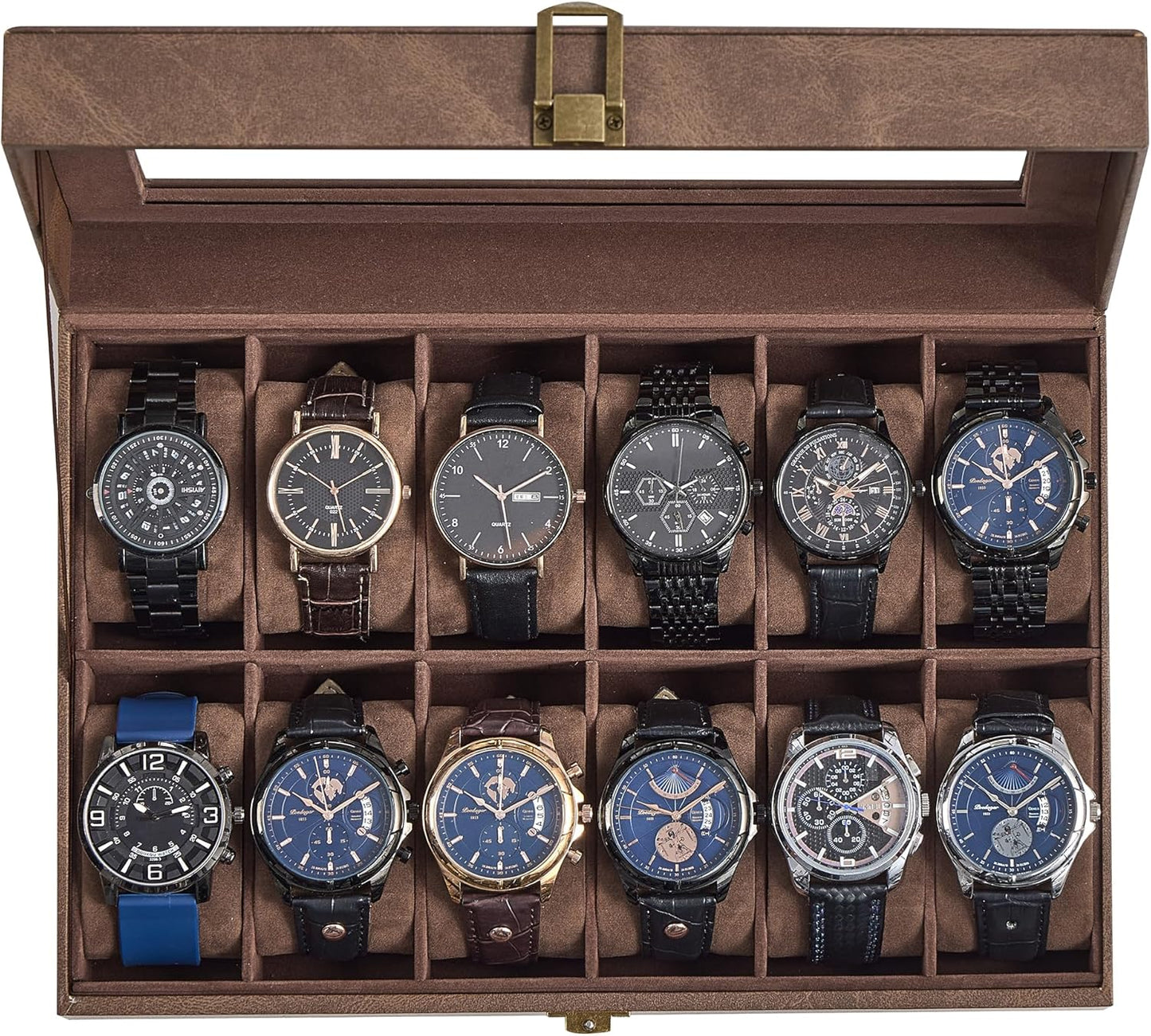 Watch Box, 12-Slot Watch Case Organizer with Large Glass Lid, Removable Pillows, Gift for Loved Ones, Coffee Brown Synthetic Leather, Coffee Brown Lining UJWB120KQ01S