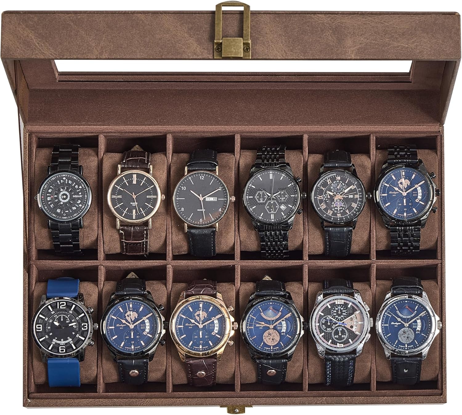 Watch Box, 12-Slot Watch Case Organizer with Large Glass Lid, Removable Pillows, Gift for Loved Ones, Coffee Brown Synthetic Leather, Coffee Brown Lining UJWB120KQ01S