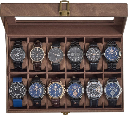 Watch Box, 12-Slot Watch Case Organizer with Large Glass Lid, Removable Pillows, Gift for Loved Ones, Coffee Brown Synthetic Leather, Coffee Brown Lining UJWB120KQ01S