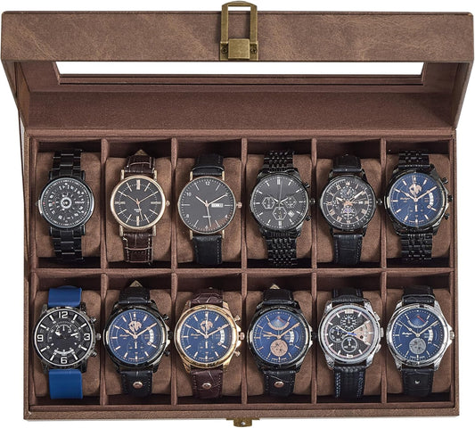 Watch Box, 12-Slot Watch Case Organizer with Large Glass Lid, Removable Pillows, Gift for Loved Ones, Coffee Brown Synthetic Leather, Coffee Brown Lining UJWB120KQ01S