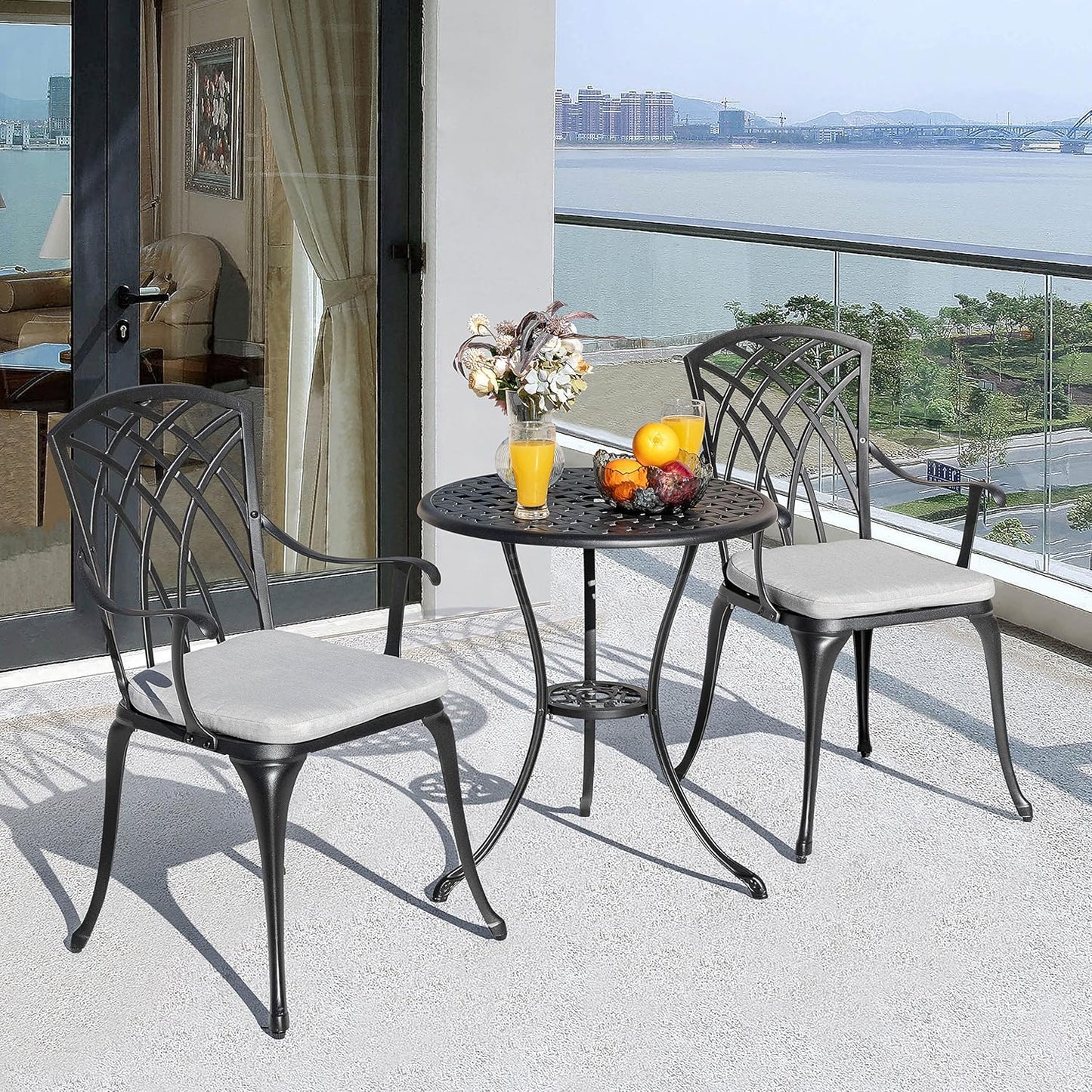Bistro Set 3 Piece Outdoor Cast Aluminum Patio Bistro Set Patio Table and Chairs Set of 2 with Umbrella Hole and Gray Cushions, Black