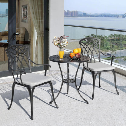 Bistro Set 3 Piece Outdoor Cast Aluminum Patio Bistro Set Patio Table and Chairs Set of 2 with Umbrella Hole and Gray Cushions, Black