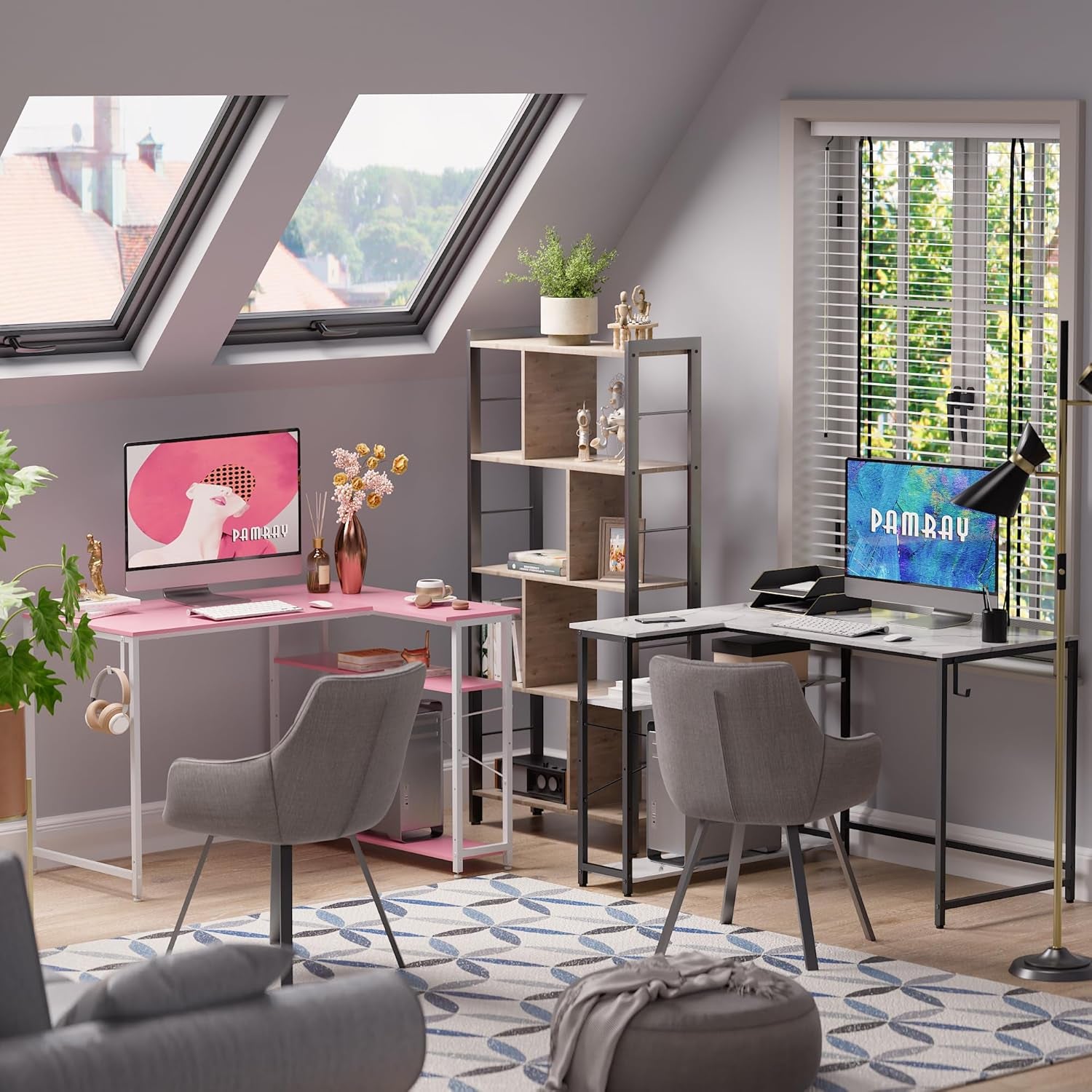 43 Inch L Shaped Computer Desk with Reversible Side Storage Shelves, Small Corner Desk for Small Space Home Office,Writing Study Table PC Desk for Bedroom,Pink with White Leg