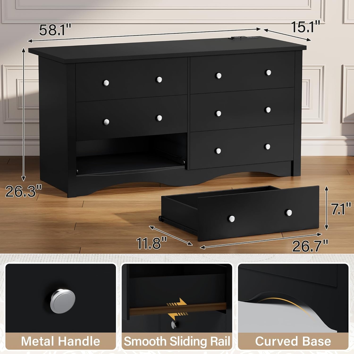 6 Drawer Dresser with Power Outlet, Modern Wooden Chest of Drawers, Multipurpose TV Stand & Closet for Bedroom, Living Room, Hallway (Black)