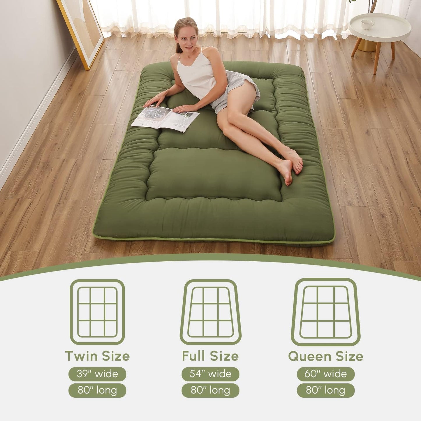 Japanese Floor Mattress, Futon Mattress with Portable Storage Bag and Washable Cover, Roll up Thick Tatami Mat Suitable for Camping, Guest Room, Green, Twin