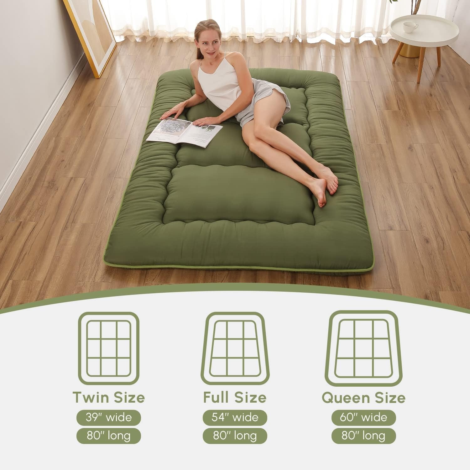 Japanese Floor Mattress, Futon Mattress with Portable Storage Bag and Washable Cover, Roll up Thick Tatami Mat Suitable for Camping, Guest Room, Green, Twin
