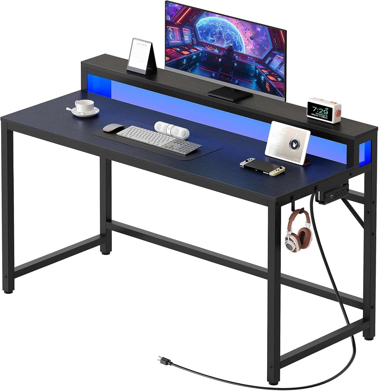 47.2" Computer Desk with Charging Station and LED Lights, Gaming Desk with Monitor Stand, 2-Tier Home Office Desk with 4 Side Hooks, for Living Room, Home Office, Black DN12UDBB