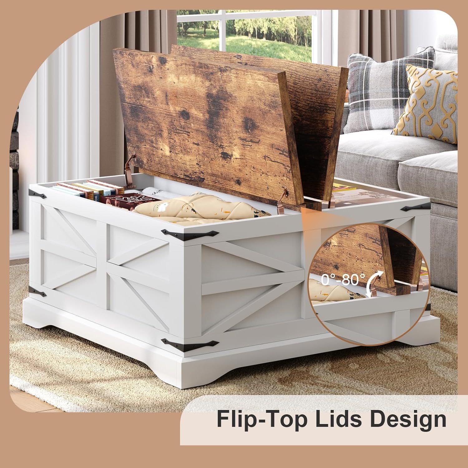 Farmhouse Coffee Table with Storage, Square Coffee Tables for Living Room, Rustic Wood Center Table with Hinged Lifting Tabletop for Home, White