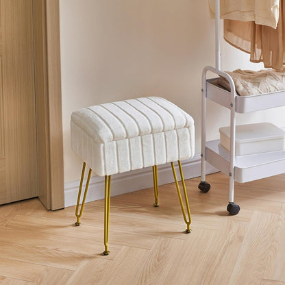 Stool Chair with Storage Space, Footrest Footstool Ottoman, Small Side Table, with 4 Metal Legs, with Anti-Slip Feet, for Makeup Room, Bedroom, White, Faux Fur LG-50W
