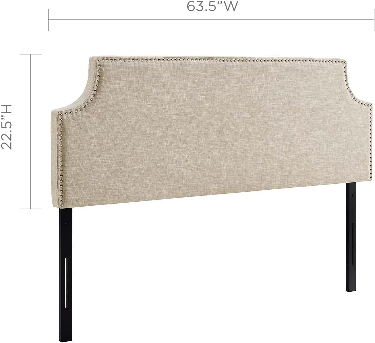 Laura Linen Fabric Upholstered Queen Size Headboard with Nailhead Trim in Beige