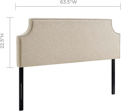 Laura Linen Fabric Upholstered Queen Size Headboard with Nailhead Trim in Beige