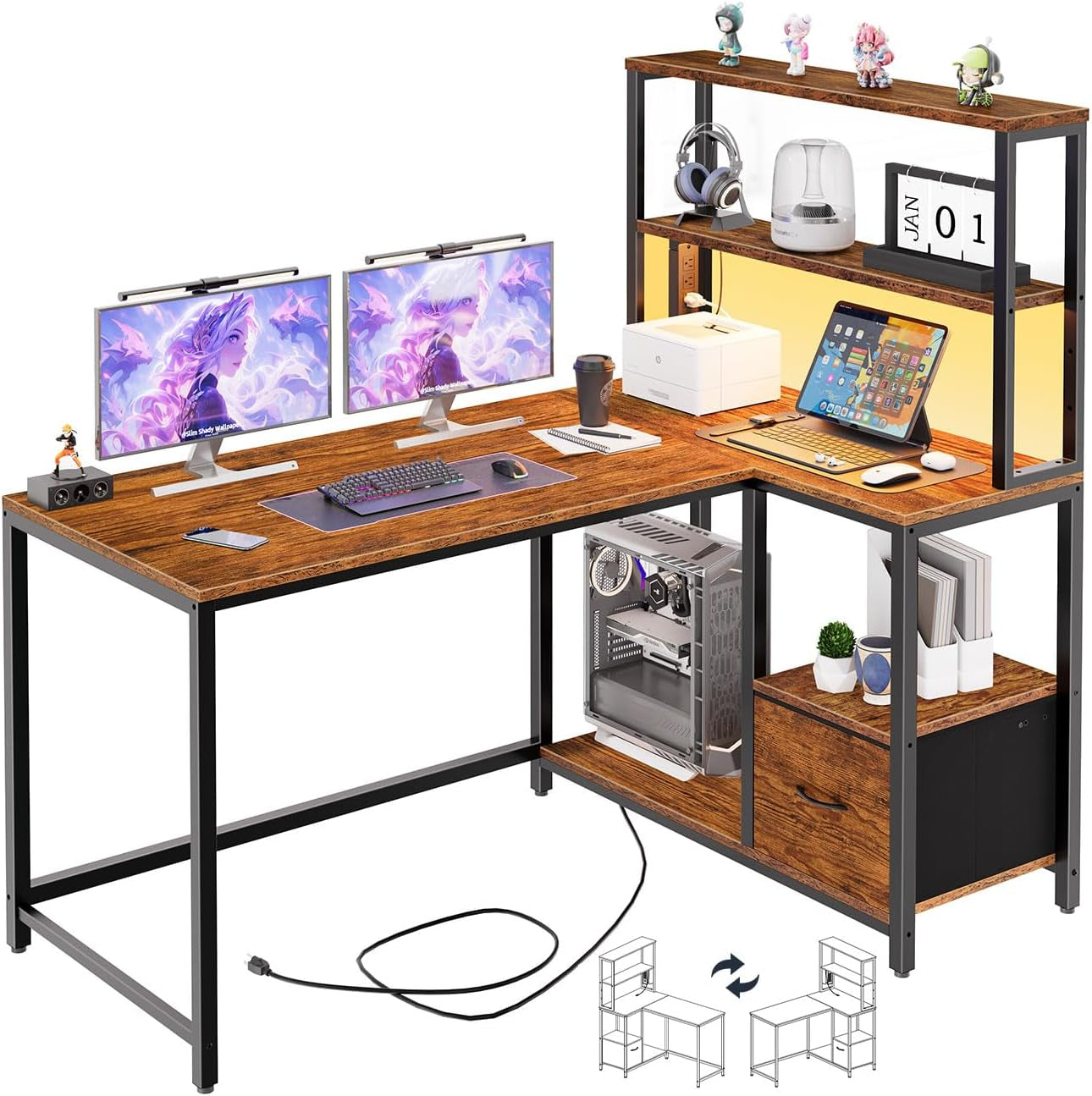 L Shaped Gaming Desk, 46 Inch Reversible Computer Desk with LED Light & Power Outlet, Office Desk with Storage Shelves & Drawer, for Home Office, Study, Rustic Brown and Black BF18UDDN01