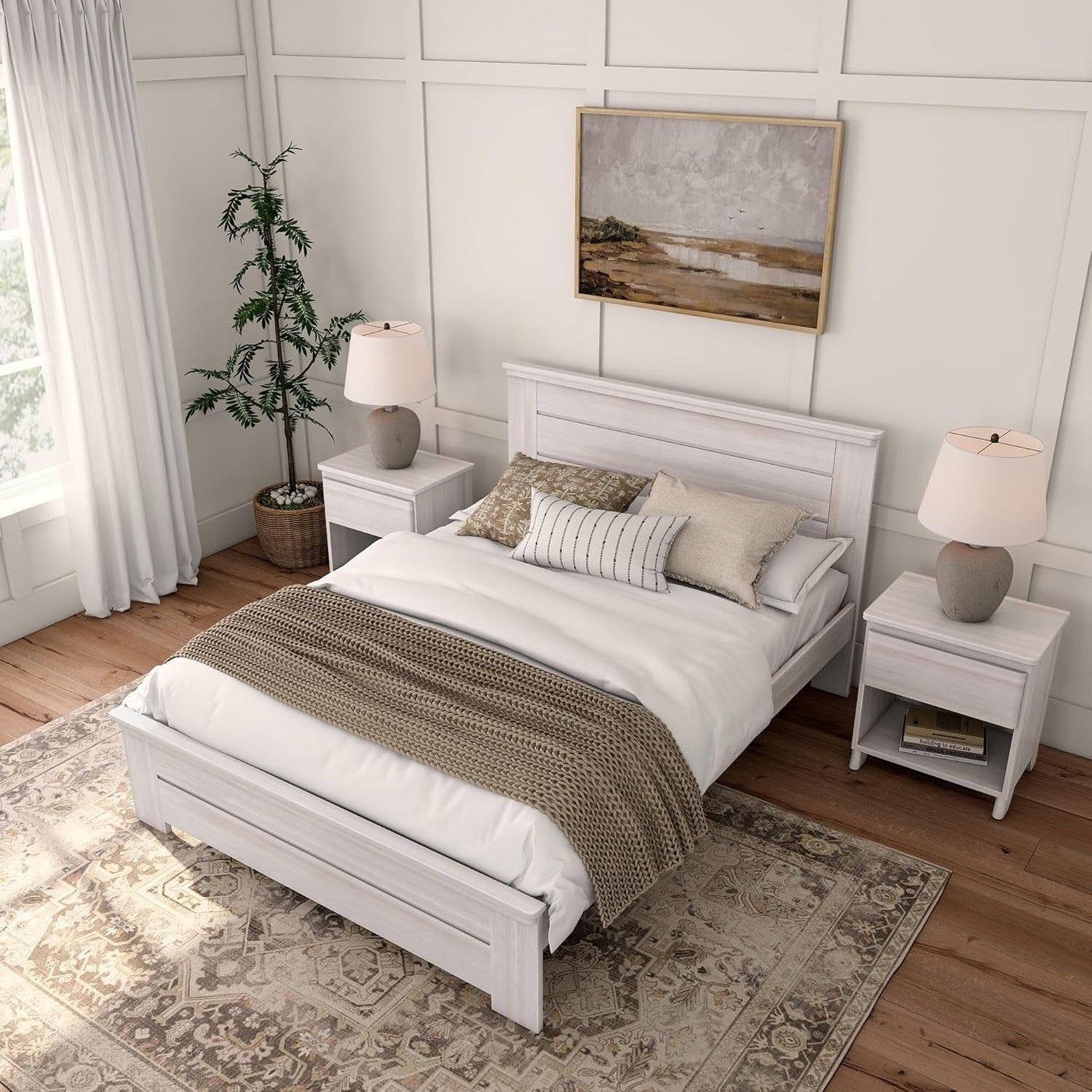 Rustic Wood Queen Bed Frame, Platform Bed with Headboard, Solid, White Wash