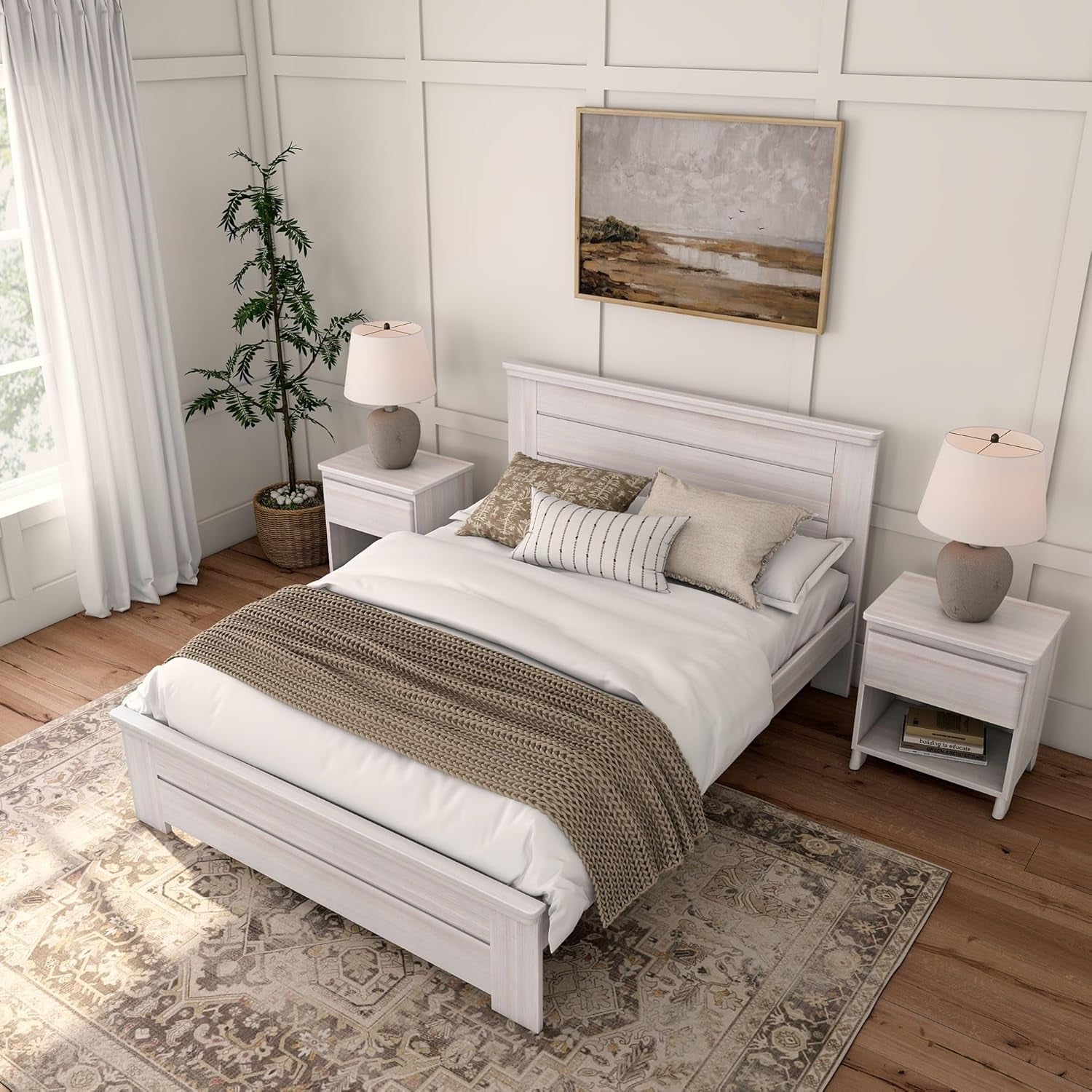 Rustic Wood Queen Bed Frame, Platform Bed with Headboard, Solid, White Wash