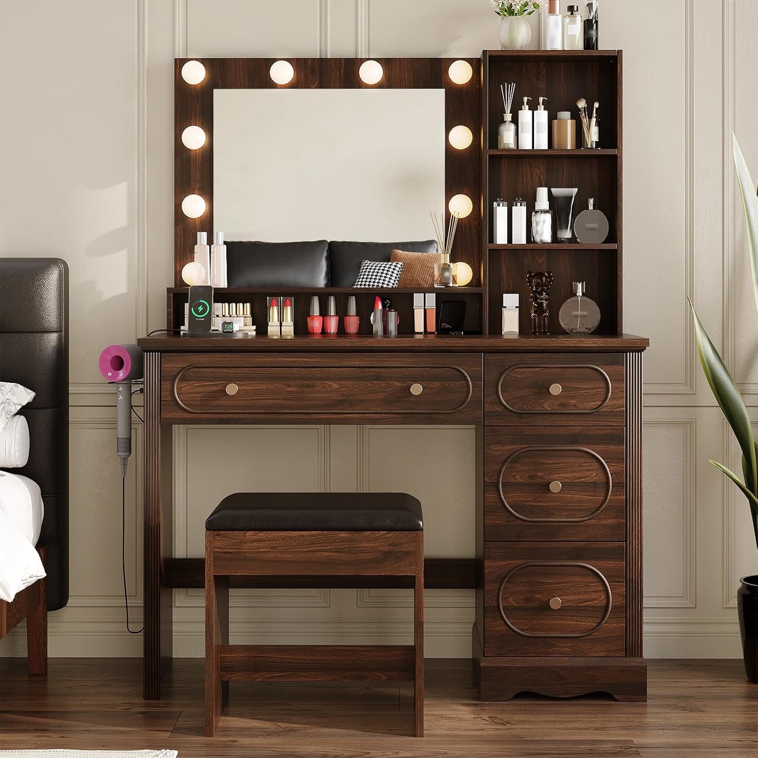 42" W Walnut Makeup Vanity Desk with Mirror and Lights and Charging Station, Dark Brown Wood Vanity with Open Storage and Drawers and Stool Chair, Dressing Table Make up Desk for Bedroom