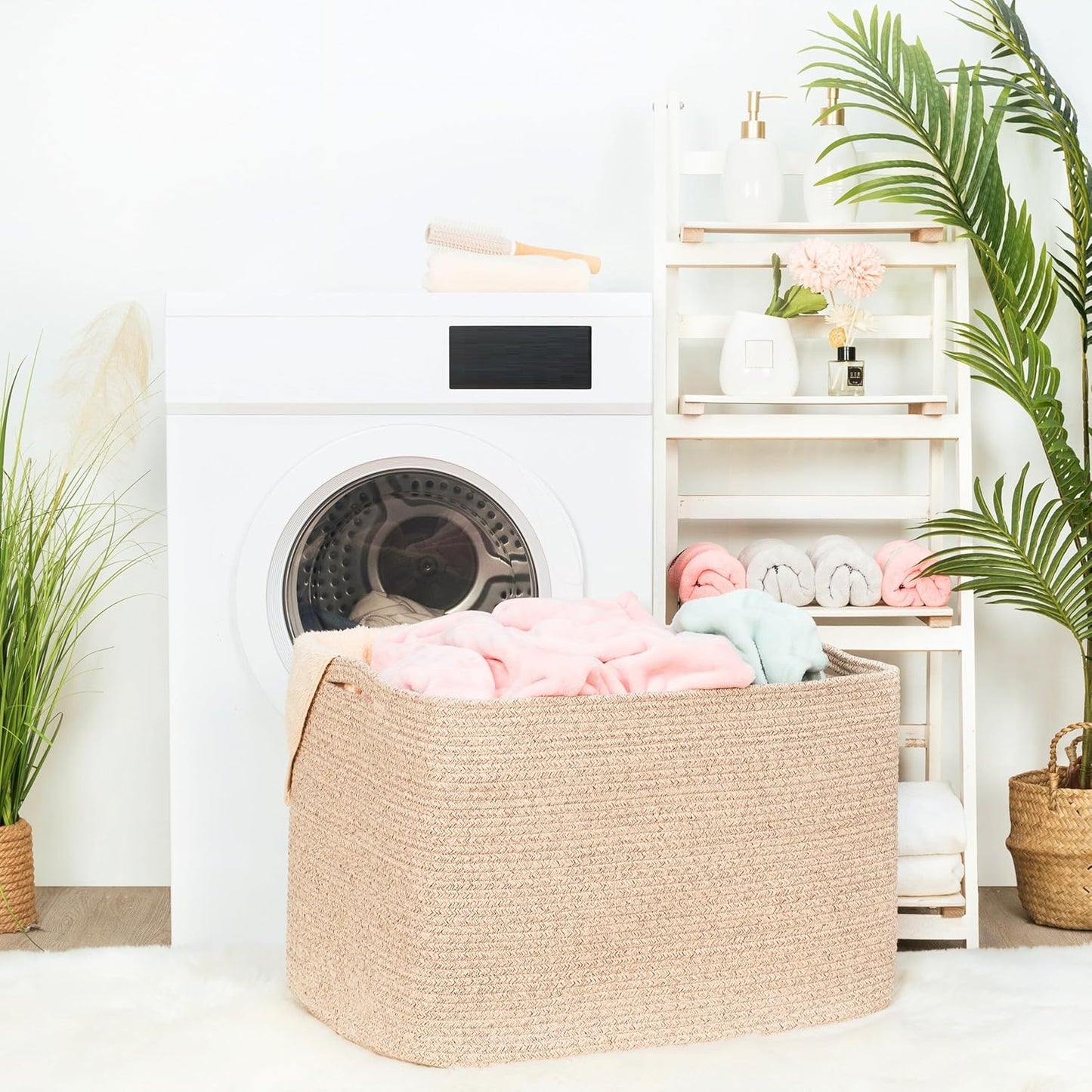 112L Extra Large Blanket Basket Holder Living Room, 25"X17"X16" Rectangle Rope Woven Storage Basket with Handles for Laundry, Towels, Shoes, Dog Toy Organizer Bin Box, Oatmeal Brown