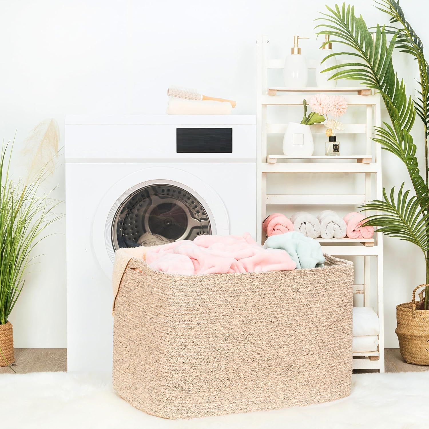 112L Extra Large Blanket Basket Holder Living Room, 25"X17"X16" Rectangle Rope Woven Storage Basket with Handles for Laundry, Towels, Shoes, Dog Toy Organizer Bin Box, Oatmeal Brown