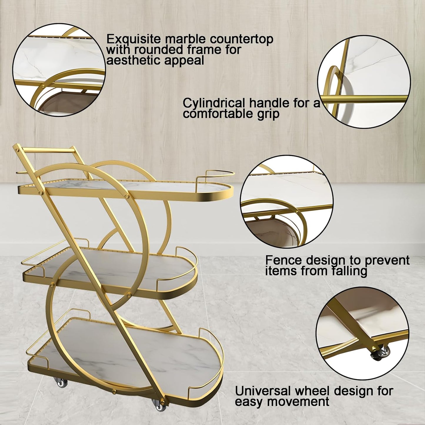 Serving Cart with Light, 3 Tiers Home Bar Serving Wine Trolly with Casters, Movable Beverage Cart with Handle for Kitchen Diningroom Bars Hotel Parties(Gold, 30.7X17.3X38.6 In)