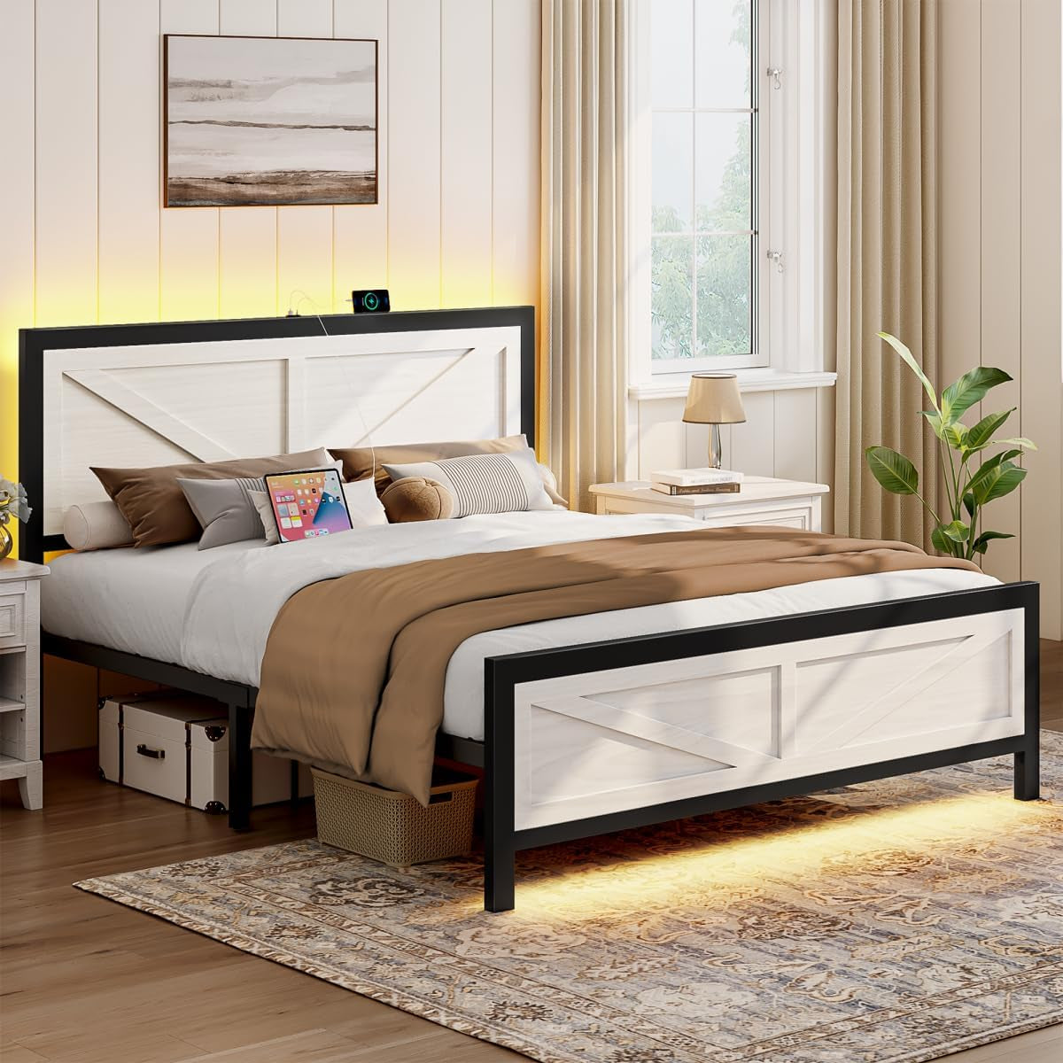 Rustic Bed Frame King Size with Barn Door Headboard, LED Bed Frame with Charging Station, Industrial Platform Metal Bed Frames, No Box Spring Needed, Easy Assembly, White