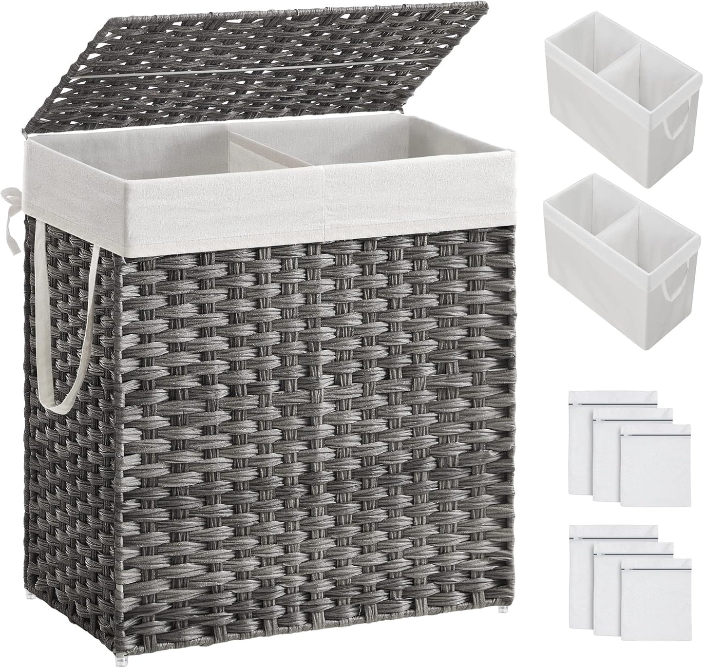 Laundry Hamper with Lid, 90L Clothes Hamper with 2 Removable Liner Bags, 6 Mesh Bags, Wicker Laundry Basket, Double Laundry Hamper for Bathroom, 13 X 18.1 X 23.6 Inches, Natural ULCB251N01V1