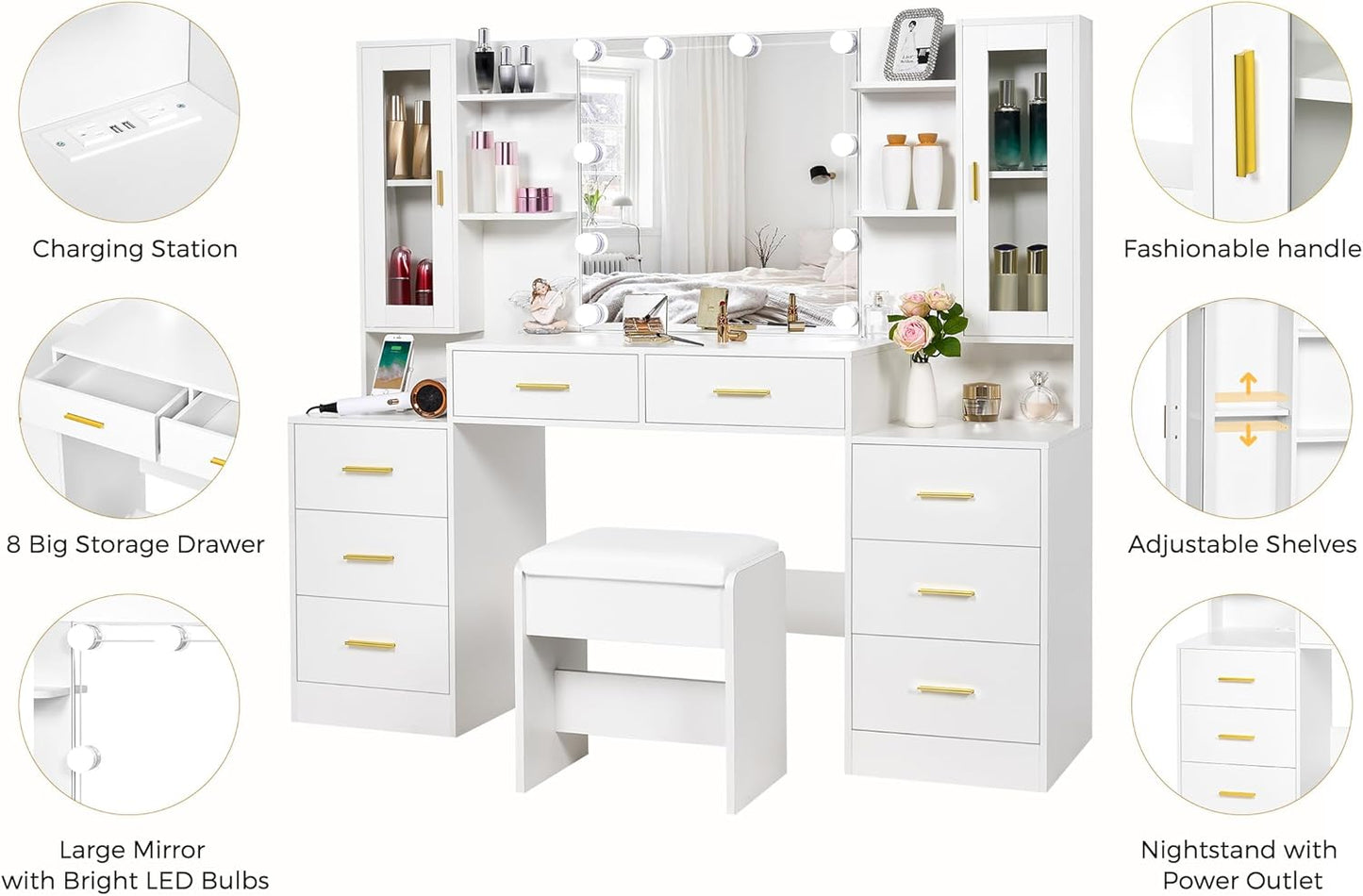 59.1" Large Vanity Desk with Mirror & Lights White Makeup Vanity Set with Power Outlet and 8 Drawers 3 Lighting Modes Adjustable Dressing Table for Girl Women Bedroom Dressing Room UBDT67W