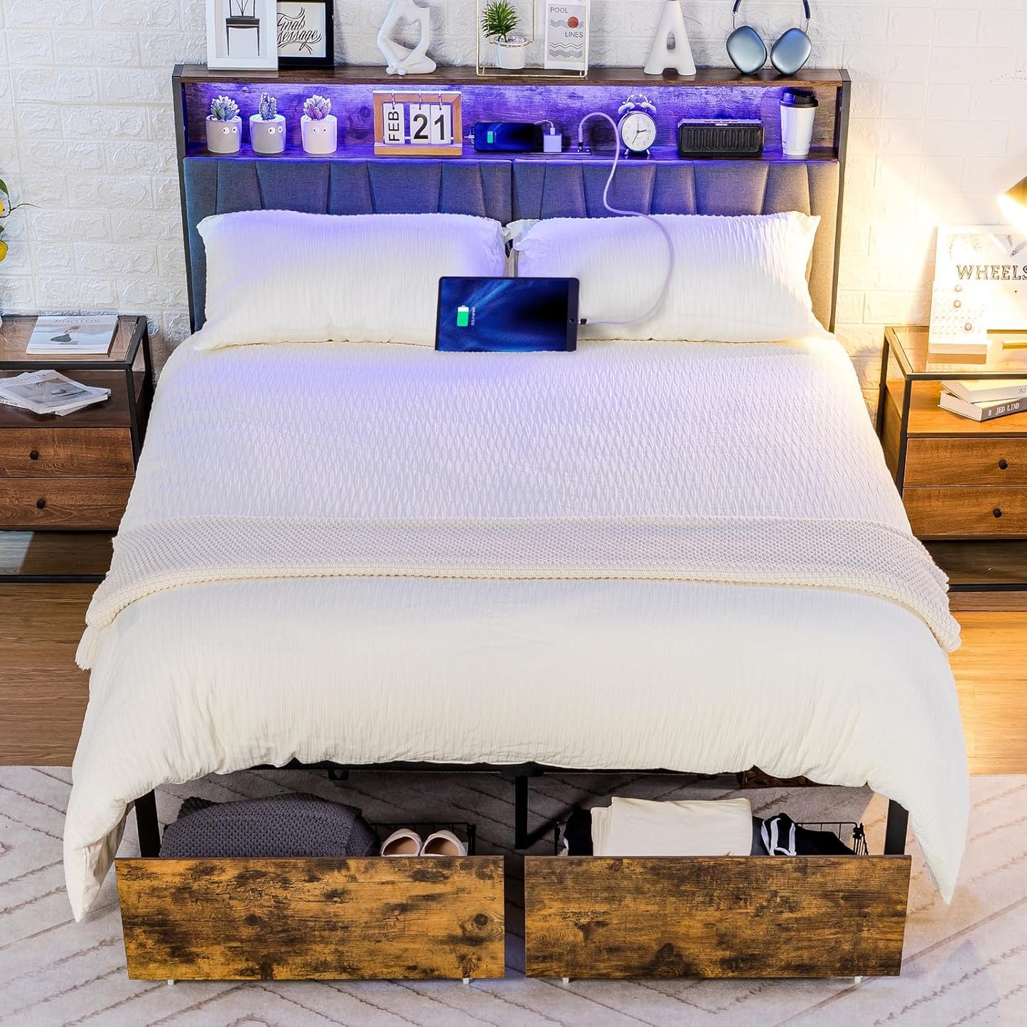 Queen Size Platform Bed Frame with LED Lights and Charging Station, Storage Headboard and Footboard Drawers, No Box Spring Needed, Rustic Wood Look