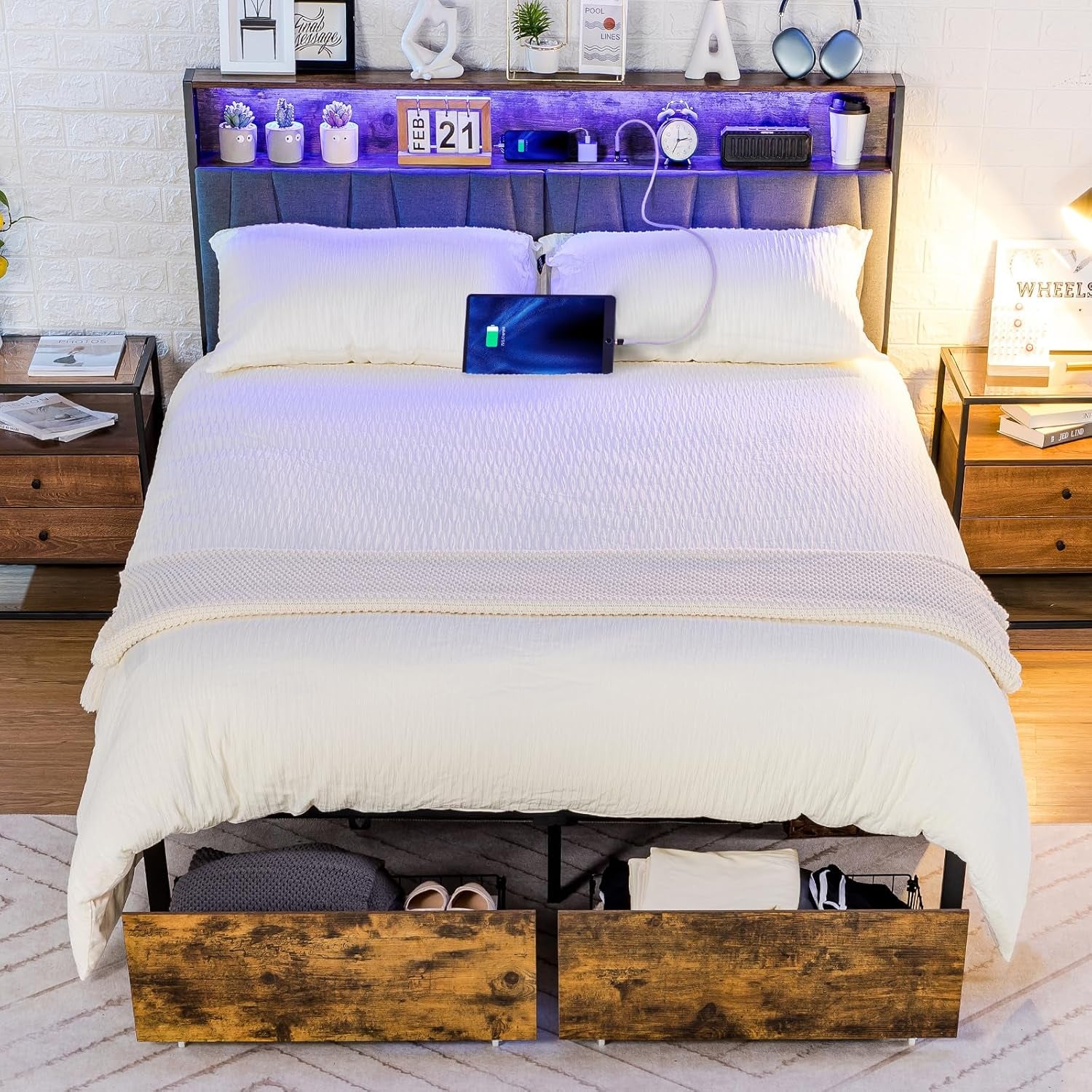 Queen Size Platform Bed Frame with LED Lights and Charging Station, Storage Headboard and Footboard Drawers, No Box Spring Needed, Rustic Wood Look