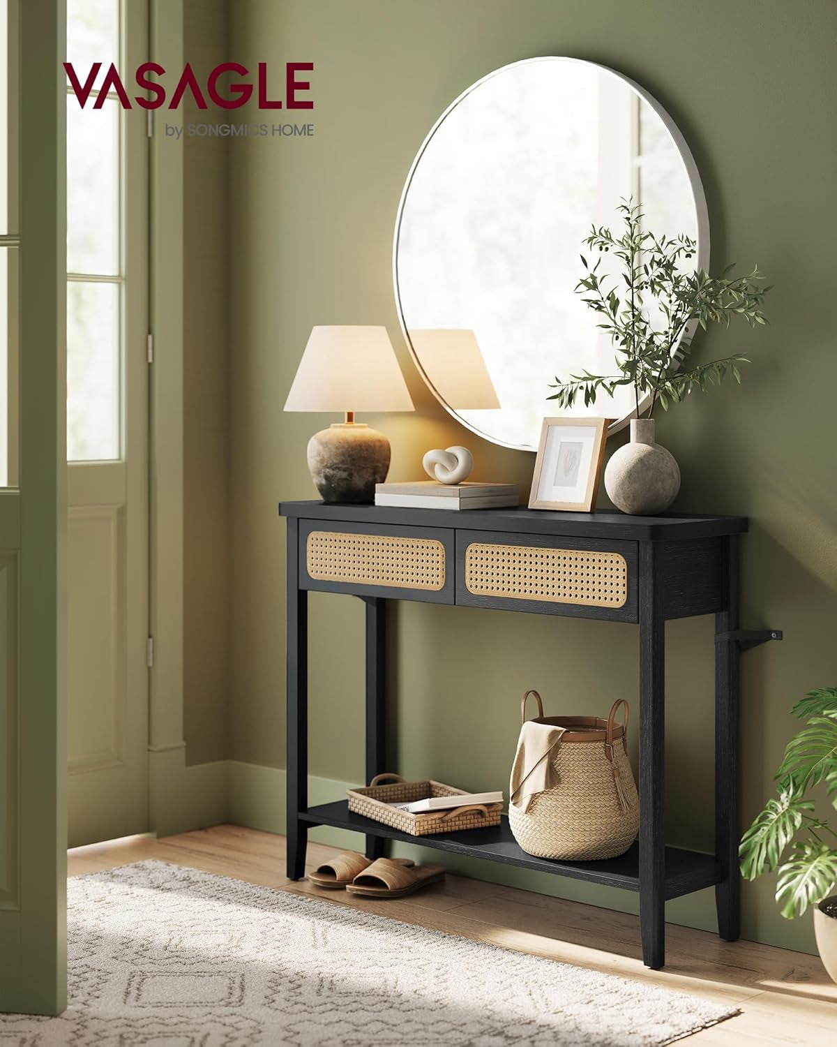 Console Table, Sofa Table, Narrow Entryway Table with 2 Drawers, Open Storage Shelf, Rounded Corners, for Living Room, Boho Style, Ash Black ULNT016B21